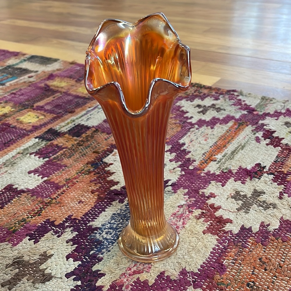 Vintage Fenton Marigold Carnival Glass Swung Vase Fine Rib